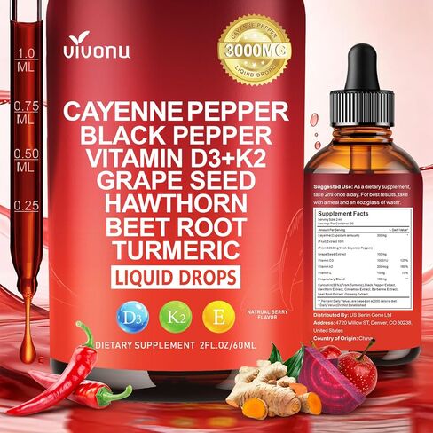 Cayenne Pepper Drops Supplement Liquid + Liposomal Tech 98% Absorption, Supports* Leg Vein, Heart & Blood Vessel* Health + Vitamin E D3+K2 & Extracts of Grape Seed, Hawthorn, Beetroot, Berberine in Kuwait