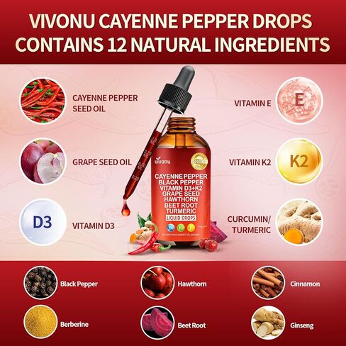 Cayenne Pepper Drops Supplement Liquid + Liposomal Tech 98% Absorption, Supports* Leg Vein, Heart & Blood Vessel* Health + Vitamin E D3+K2 & Extracts of Grape Seed, Hawthorn, Beetroot, Berberine in Kuwait