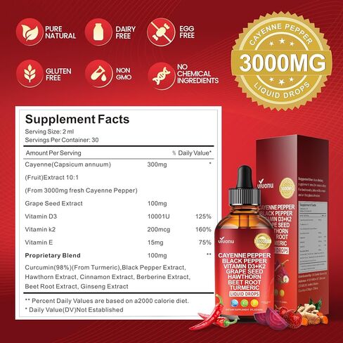 Cayenne Pepper Drops Supplement Liquid + Liposomal Tech 98% Absorption, Supports* Leg Vein, Heart & Blood Vessel* Health + Vitamin E D3+K2 & Extracts of Grape Seed, Hawthorn, Beetroot, Berberine in Kuwait