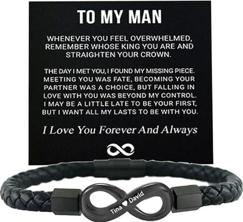 To My Man,Personalized Dual Name Infinity Leather Bracelet,Personalized Custom Name Stainless Steel Bracelet Valentine Birthday Christmas Gifts for Him(8.3inch) in Saudi Arabia