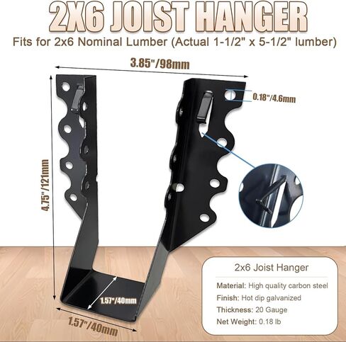 20 PCS 2x8 Joist Hanger,Black Powder-Coated,18 Gauge Galvanizing Face Mount,for Rafter Hurricane Ties Joist Hangers, Tie Brackets for Floor Deck and Ceiling Trusses (2"x 8", 20PCS) in Kuwait