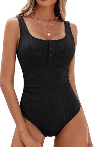 Daci Women Ribbed One Piece Swimsuits Tummy Control Full Coverage Bathing Suit Cute Button Up Ruched Modest Swimwear in Kuwait