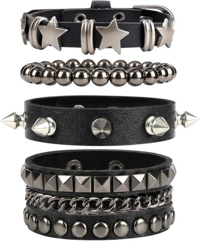 4PCS Punk Leather Rivets Bracelets,Punk Rock Leather Studded Bracelets,80s Wristband Emo Bracelet,Gothic Spike Cuff Bracelet Set for Men Women Rocker Outfits in Saudi Arabia