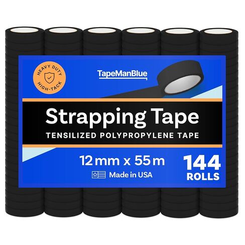 شريط لاصق TapeManBlue، شريط ربط من مادة البولي بروبيلين أسود مشدود للربط والتجميع والتعبئة والتغليف والمنصات، صنع في الولايات المتحدة الأمريكية (12 مم × 55 م (144 لفة)) in Saudi Arabia