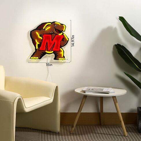 Officially Licensed Maryland Terrapins LED Neon Sign – 15" x 14.97" Yellow & Red-Emitting Wall Light with Adjustable Brightness, Inline Dimmer & On/Off Switch, USB Powered with Adapter – College Wall Décor in Kuwait