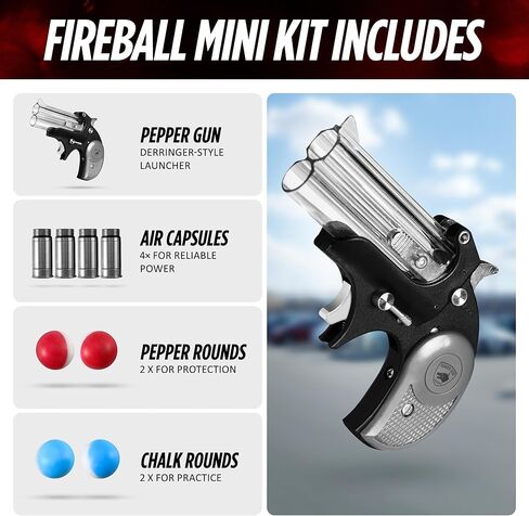 Fireball Mini, Smallest .50 Caliber Launcher, Dual-Ammo Air-Powered Home and Self-Defense Device, 50-Foot Range, Compact Non-Lethal Protection Set with Compressed-Air Capsules and Training Rounds in Kuwait