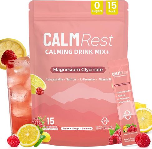 Calm Magnesium Powder Cortisol Supplement for Women, Supports Sleep, Stress Relief & Relax with Ashwagandha, Saffron, L Theanine, Vitamin D3, No Sugar, 15Ct, Raspberry Lemonade in Saudi Arabia