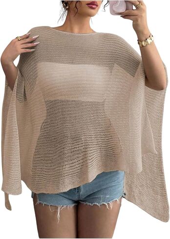MakeMeChic Women's Sheer Poncho Top Crochet Poncho Shawl Knit Sweater Cover Up in Kuwait