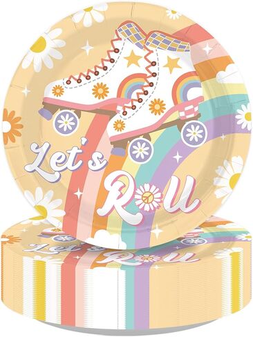 50Pcs Roller Skating Party Supplies 7" Groovy Theme Let’s Roll Paper Plates Disposable Retro Groovy Rollerskate Platter for Kids Birthday Baby Shower Rollerskate Theme Party Favors in Saudi Arabia