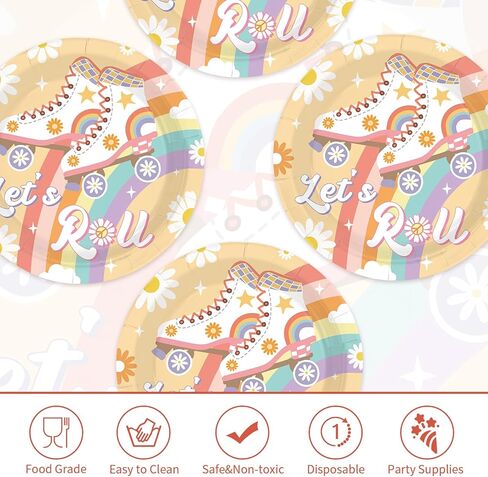 50Pcs Roller Skating Party Supplies 7" Groovy Theme Let’s Roll Paper Plates Disposable Retro Groovy Rollerskate Platter for Kids Birthday Baby Shower Rollerskate Theme Party Favors in Saudi Arabia