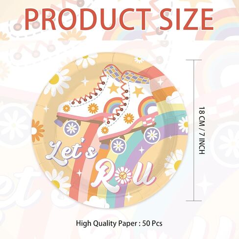 50Pcs Roller Skating Party Supplies 7" Groovy Theme Let’s Roll Paper Plates Disposable Retro Groovy Rollerskate Platter for Kids Birthday Baby Shower Rollerskate Theme Party Favors in Saudi Arabia