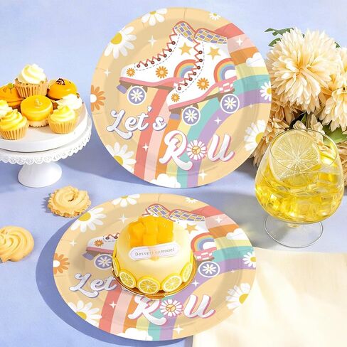 50Pcs Roller Skating Party Supplies 7" Groovy Theme Let’s Roll Paper Plates Disposable Retro Groovy Rollerskate Platter for Kids Birthday Baby Shower Rollerskate Theme Party Favors in Saudi Arabia