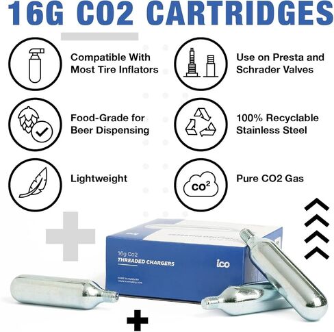 ICO 150 قطعة 16 جرام خراطيش ثاني أكسيد الكربون مترابطة لمنفاخ إطارات الدراجة ودراجات MTB ودراجات الطرق - درجة الغذاء in Kuwait
