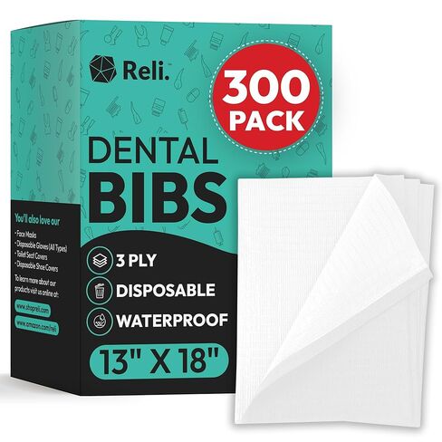 Reli. White Dental Bibs (300 Pack) | 13"x18" Dental Bibs Disposable for Patients, Dentists | 3-Ply Waterproof, Disposable Sheets for Medical Tray Cover, Nail Mat, Tattoo Shop in Saudi Arabia