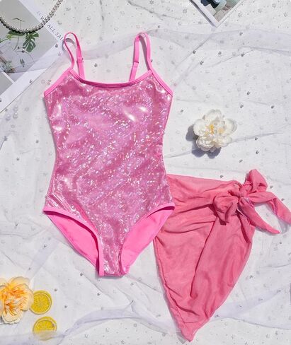 Girls One Piece Swimsuit Cute Swimsuit Girl Sparkle Swimwear Beach Bathing Suit Cover Up Skirt Adjustable Strap 5-10 in Saudi Arabia