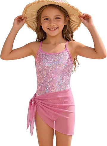 Girls One Piece Swimsuit Cute Swimsuit Girl Sparkle Swimwear Beach Bathing Suit Cover Up Skirt Adjustable Strap 5-10 in Saudi Arabia