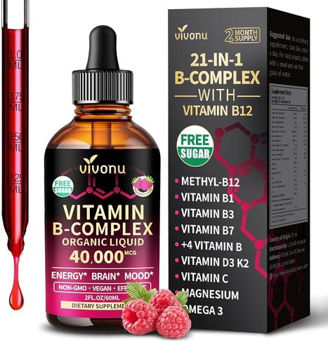 VivoNu Vitamin B Complex Liquid Drops, Methylated Vitamin B12 6000 mcg, B1, B6, B3, B5, B2, Folate, Biotin with Vitamin C D A E, Magnesium, Zinc, CoQ10 for Energy (1 Bottle) in Saudi Arabia