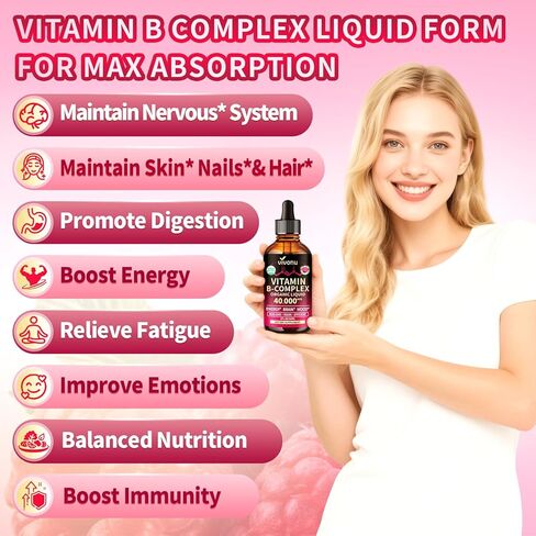 VivoNu Vitamin B Complex Liquid Drops, Methylated Vitamin B12 6000 mcg, B1, B6, B3, B5, B2, Folate, Biotin with Vitamin C D A E, Magnesium, Zinc, CoQ10 for Energy (1 Bottle) in Saudi Arabia