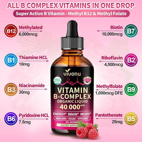VivoNu Vitamin B Complex Liquid Drops, Methylated Vitamin B12 6000 mcg, B1, B6, B3, B5, B2, Folate, Biotin with Vitamin C D A E, Magnesium, Zinc, CoQ10 for Energy (1 Bottle) in Saudi Arabia