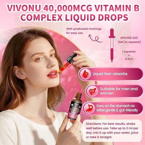 VivoNu Vitamin B Complex Liquid Drops, Methylated Vitamin B12 6000 mcg, B1, B6, B3, B5, B2, Folate, Biotin with Vitamin C D A E, Magnesium, Zinc, CoQ10 for Energy (1 Bottle) in Saudi Arabia