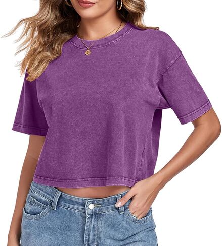 Womens Crop Tops Acid Wash Short Sleeve T-Shirts Casual Round Neck Basic Tees Baggy Summer Shirts in Kuwait