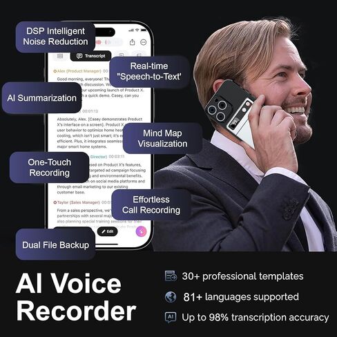 مسجل صوت Ai مع النسخ والتلخيص، مسجل صوت الملاحظات يدعم 118 لغة، 64 جيجابايت، مسجل صوت مع التحكم في التطبيق، جهاز تدوين الملاحظات النحيف Ai للمحاضرات والاجتماعات والمكالمات in Kuwait