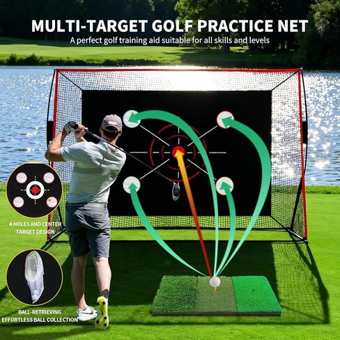 شبكة جولف، 10 × 7 أقدام مع بساط تدريب الجولف، شبكة مساعدة على الضرب مع تدريب متعدد الأهداف للقيادة في الفناء الخلفي والتقطيع للاستخدام الداخلي والخارجي، شبكة من 5 طبقات مضادة للتمزق وحقيبة حمل، هدايا للرجال والأب لاعب الجولف in Kuwait