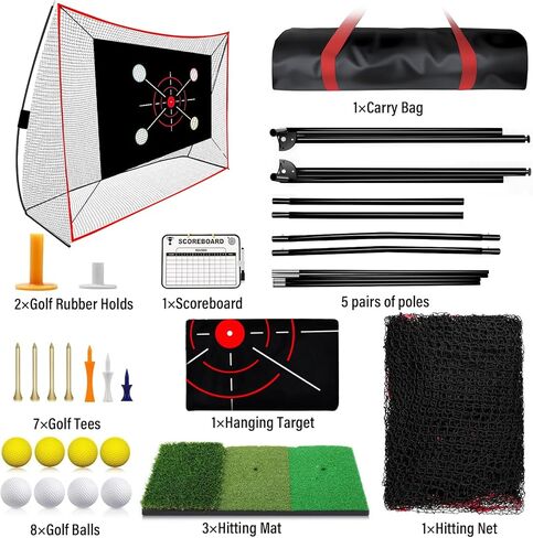 شبكة جولف، 10 × 7 أقدام مع بساط تدريب الجولف، شبكة مساعدة على الضرب مع تدريب متعدد الأهداف للقيادة في الفناء الخلفي والتقطيع للاستخدام الداخلي والخارجي، شبكة من 5 طبقات مضادة للتمزق وحقيبة حمل، هدايا للرجال والأب لاعب الجولف in Kuwait