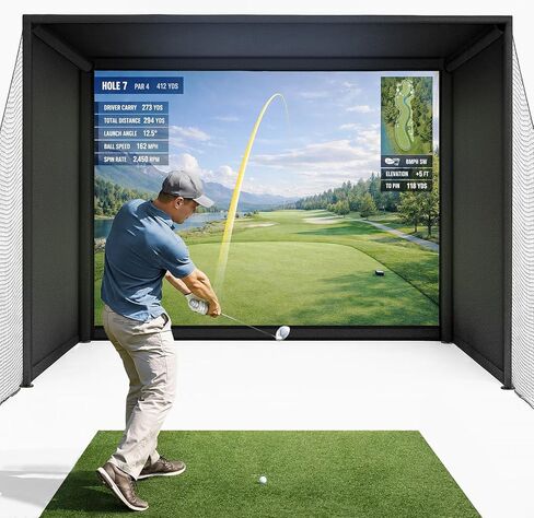 Golf Simulator Enclosure 10 x 8 ft with Upgraded Dual-Layer Impact Screen Kit, HD Projection Surface, Thick Foam Edge Padding, Safety Side Nets for Indoor Home Garage Golf Cage Practice Training in Saudi Arabia