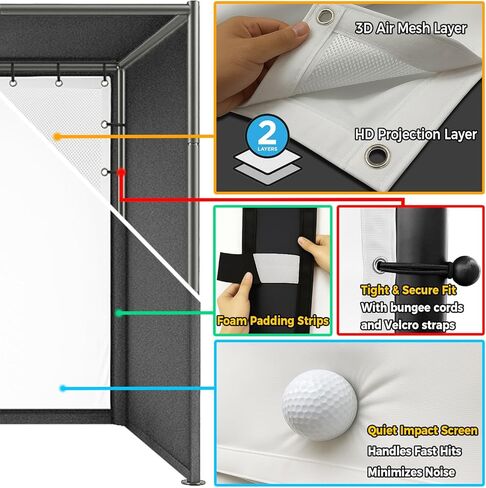 Golf Simulator Enclosure 10 x 8 ft with Upgraded Dual-Layer Impact Screen Kit, HD Projection Surface, Thick Foam Edge Padding, Safety Side Nets for Indoor Home Garage Golf Cage Practice Training in Saudi Arabia