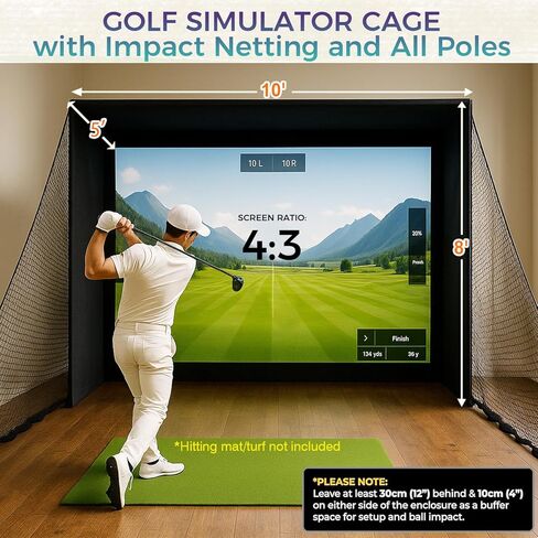 Golf Simulator Enclosure 10 x 8 ft with Upgraded Dual-Layer Impact Screen Kit, HD Projection Surface, Thick Foam Edge Padding, Safety Side Nets for Indoor Home Garage Golf Cage Practice Training in Saudi Arabia