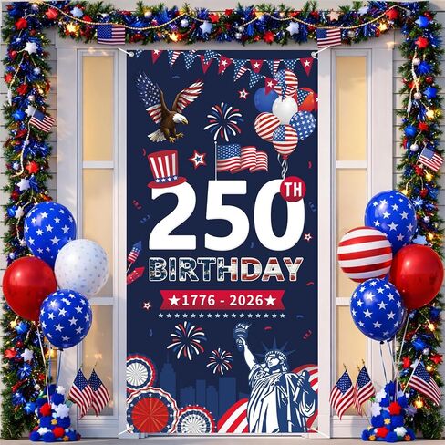 غطاء باب الذكرى السنوية الـ 250 لبروبسين، لافتة مقاس 6 × 2.9 قدم 1776-2026 عيد ميلاد 250، تمثال نسر الحرية، لوازم الحفلات المعلقة لتزيين الحائط مع الحلقات النحاسية لديكورات الأبواب الداخلية والخارجية in Kuwait
