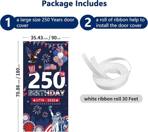غطاء باب الذكرى السنوية الـ 250 لبروبسين، لافتة مقاس 6 × 2.9 قدم 1776-2026 عيد ميلاد 250، تمثال نسر الحرية، لوازم الحفلات المعلقة لتزيين الحائط مع الحلقات النحاسية لديكورات الأبواب الداخلية والخارجية in Kuwait