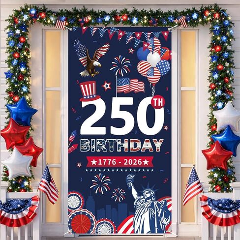 غطاء باب الذكرى السنوية الـ 250 لبروبسين، لافتة مقاس 6 × 2.9 قدم 1776-2026 عيد ميلاد 250، تمثال نسر الحرية، لوازم الحفلات المعلقة لتزيين الحائط مع الحلقات النحاسية لديكورات الأبواب الداخلية والخارجية in Kuwait