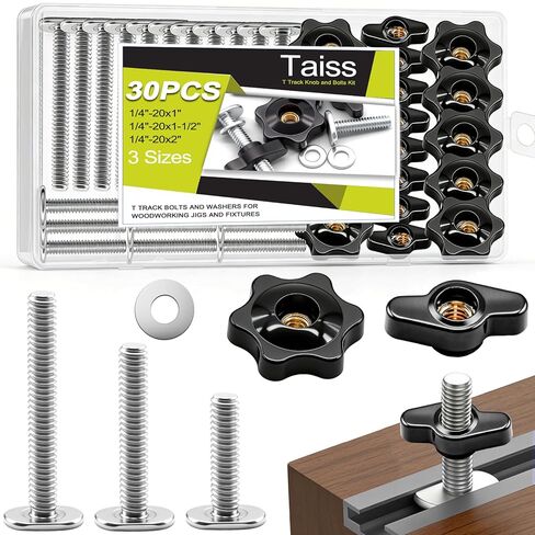 Taiss 30 قطعة 1/4"-20 T مجموعة مقابض المسار، نوعان من المقابض الملولبة 1/4"-20x1,1-1/2"، 2" 3 أحجام T مسامير وغسالات لأدوات النجارة والتركيبات in Kuwait