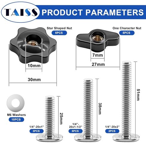 Taiss 30 قطعة 1/4"-20 T مجموعة مقابض المسار، نوعان من المقابض الملولبة 1/4"-20x1,1-1/2"، 2" 3 أحجام T مسامير وغسالات لأدوات النجارة والتركيبات in Kuwait