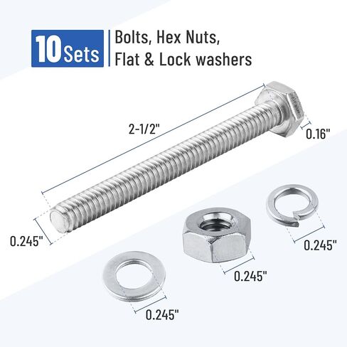Mr. Pen- Nuts and Bolts Set, 1/4"-20x2-1/2, 10 Sets, Stainless Steel, Hex Head Nut and Bolt Set, Flat & Lock Washers in Saudi Arabia