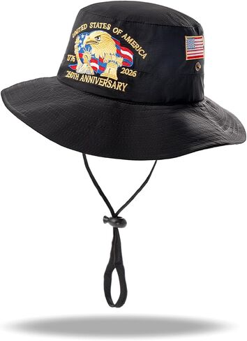 قبعة شمسية قابلة للطي مطرزة للذكرى السنوية الـ 250 للجنسين - قبعة شمسية واسعة الحواف مقاومة للماء مع حزام ذقن قابل للتعديل، الهدية المثالية للشاطئ وصيد الأسماك والمشي لمسافات طويلة والمغامرات الخارجية باللون الأسود in Kuwait