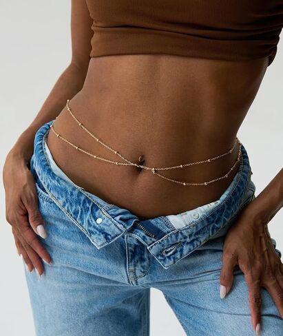 Belly Chain For Women, Adjustable Waist Chain 14K Gold Plated Body Chains Jewelry with Extender Waterproof Sexy Bikini Beach Wear Belly Belt Gold Waist Beads Chain Girls Summer Gift in Saudi Arabia