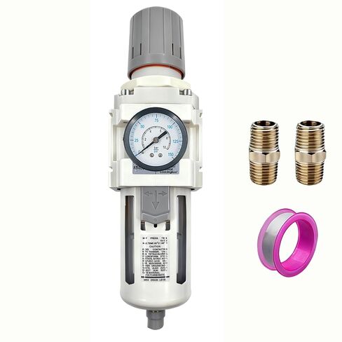 XingNEeng 3/4" NPT Compressed Air Filter Regulator Combo Piggyback, Water/Oil Trap Separator with Pressure Gauge(0-150 psi), Semi-Auto Drain, Poly Bowl, 5 Micron Brass Element, Metal Bracket in Kuwait