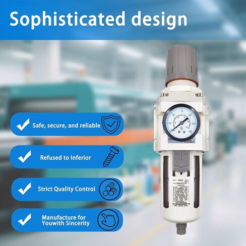 XingNEeng 3/4" NPT Compressed Air Filter Regulator Combo Piggyback, Water/Oil Trap Separator with Pressure Gauge(0-150 psi), Semi-Auto Drain, Poly Bowl, 5 Micron Brass Element, Metal Bracket in Kuwait