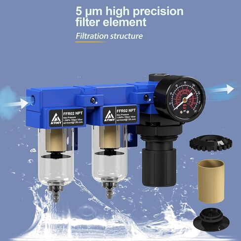 1/4" NPT Compressed air Dryer,Air Pressure Regulator Filter Combo,Air Compressor Filter Dryer,5 and 5 Micron Filter Cartridge,Semi-Auto Drain, Metal Bracket-Blue in Kuwait