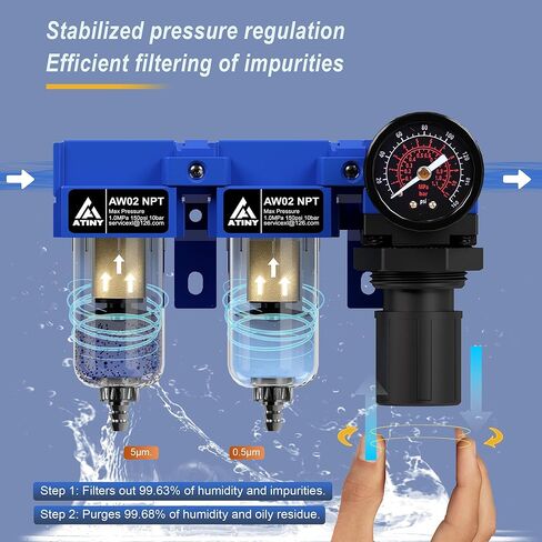 1/4" NPT Compressed air Dryer,Air Pressure Regulator Filter Combo,Air Compressor Filter Dryer,5 and 5 Micron Filter Cartridge,Semi-Auto Drain, Metal Bracket-Blue in Kuwait