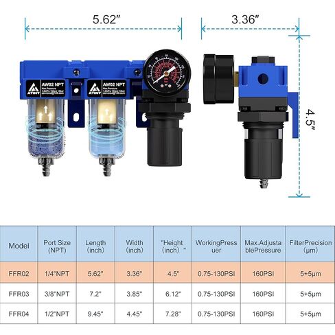 1/4" NPT Compressed air Dryer,Air Pressure Regulator Filter Combo,Air Compressor Filter Dryer,5 and 5 Micron Filter Cartridge,Semi-Auto Drain, Metal Bracket-Blue in Kuwait