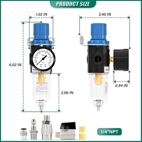 1/4" NPT Inlet AFR2000 Air Filter Pressure Regulator Kit, 0 to 150 Psi Gauge, 5 Micron Brass Element for Air Tool Compressor Filter and Spray Paint Gun in Kuwait