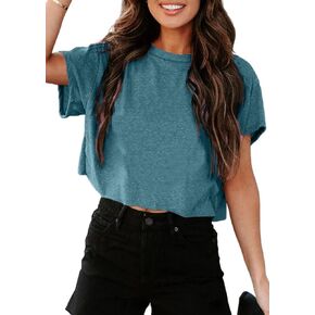 UNCLECAT Women's Crop Tops Trendy Short Sleeve Crew Neck Cropped T Shirts Solid Basic Tee in Kuwait