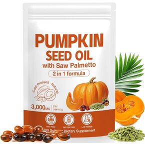 Pumpkin Seed Oil with Saw Palmetto Capsules 300 Softgels - 3000mg Max Strength, Cold-Pressed, Supports Hair, Urinary, Bladder & Prostate Health, Boosts Immunity, Non-GMO in Kuwait