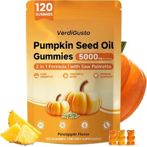 120 Count Pumpkin Seed Oil Gummies with Saw Palmetto | 5,000 mg Cold-Pressed Extract | Sugar-Free Pineapple Flavor | Supports Hair, Skin & Prostate Health | Pumpkin Seed Oil Supplement for Men & Women in Kuwait