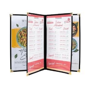 Menu Covers, 4 Page, 4 Pockets, 8 View, for 8.5" x 14" Legal Size Paper, Pack of 6, Black Edging + Gold Metal Corner, Made with Leatherette & Vinyl in Kuwait