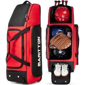 حقيبة معدات صيد البيسبول المتدحرجة بعجلات، حقيبة كبيرة لكرة البيسبول اللينة لأربعة مضارب مع حجرة للأحذية وخطافات سياج وجيوب متعددة. in Kuwait